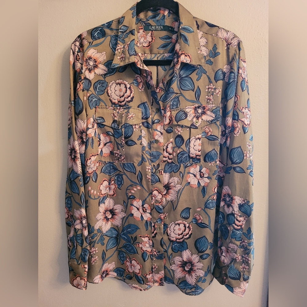 Ralph Lauren LRL Floral Blouse Top Shirt Farm Olive Green Classic Shirt XL